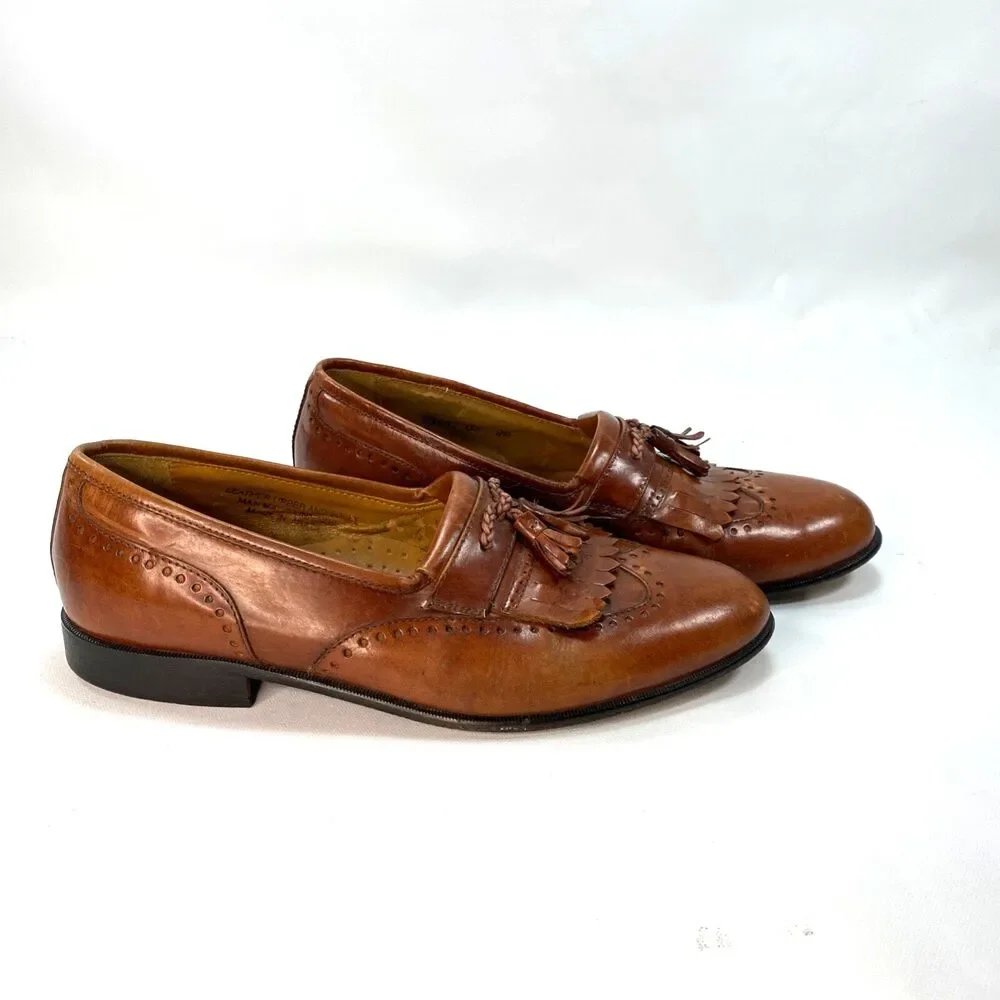 Mens Stacy Adams Cognac Wingtip Oxford Leather Dress Shoes Size 9M Slipon Brazil